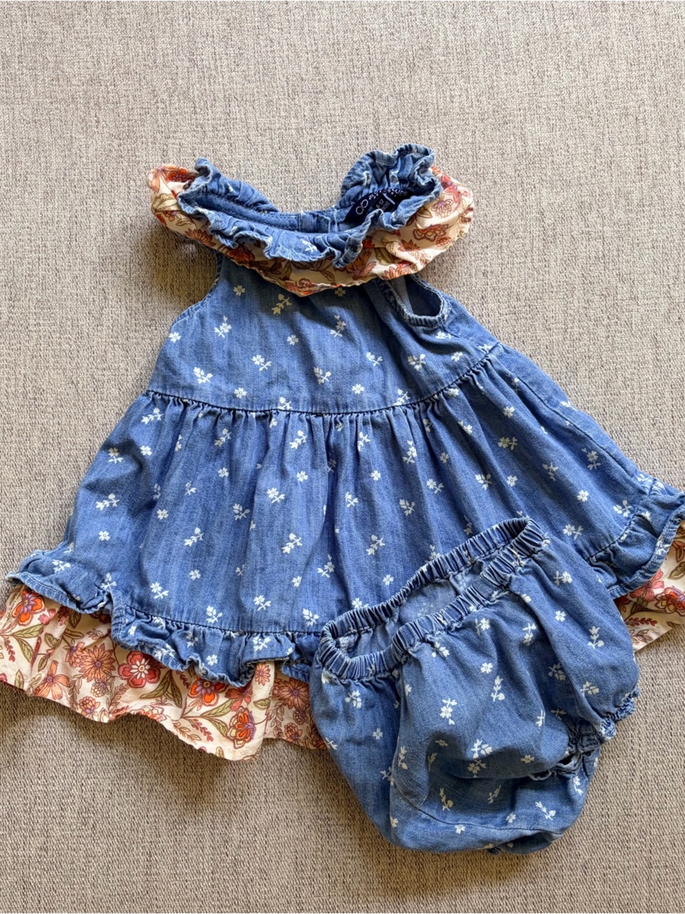 Blue Floral Denim Dress with Ruffle Trim for Girls